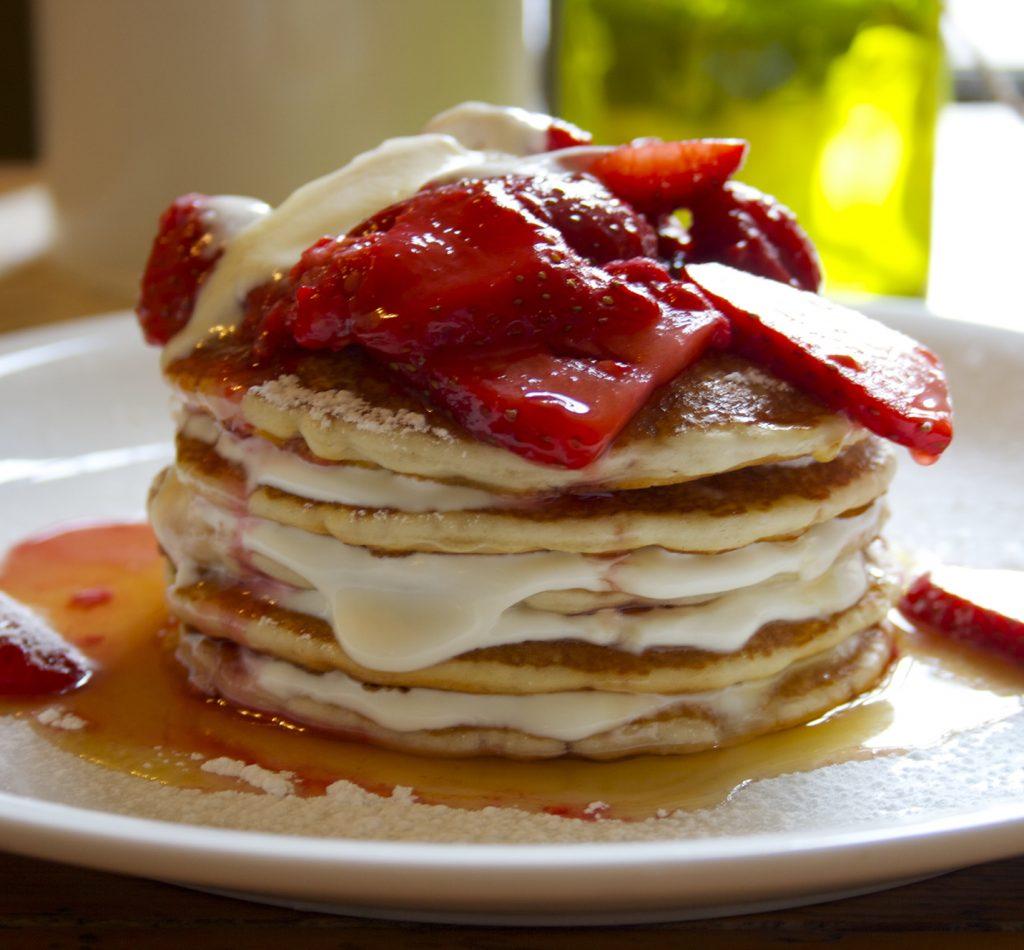 American Pancakes with New Forest Strawberries, Raspberries, Maple Syrup and Crème fraiche